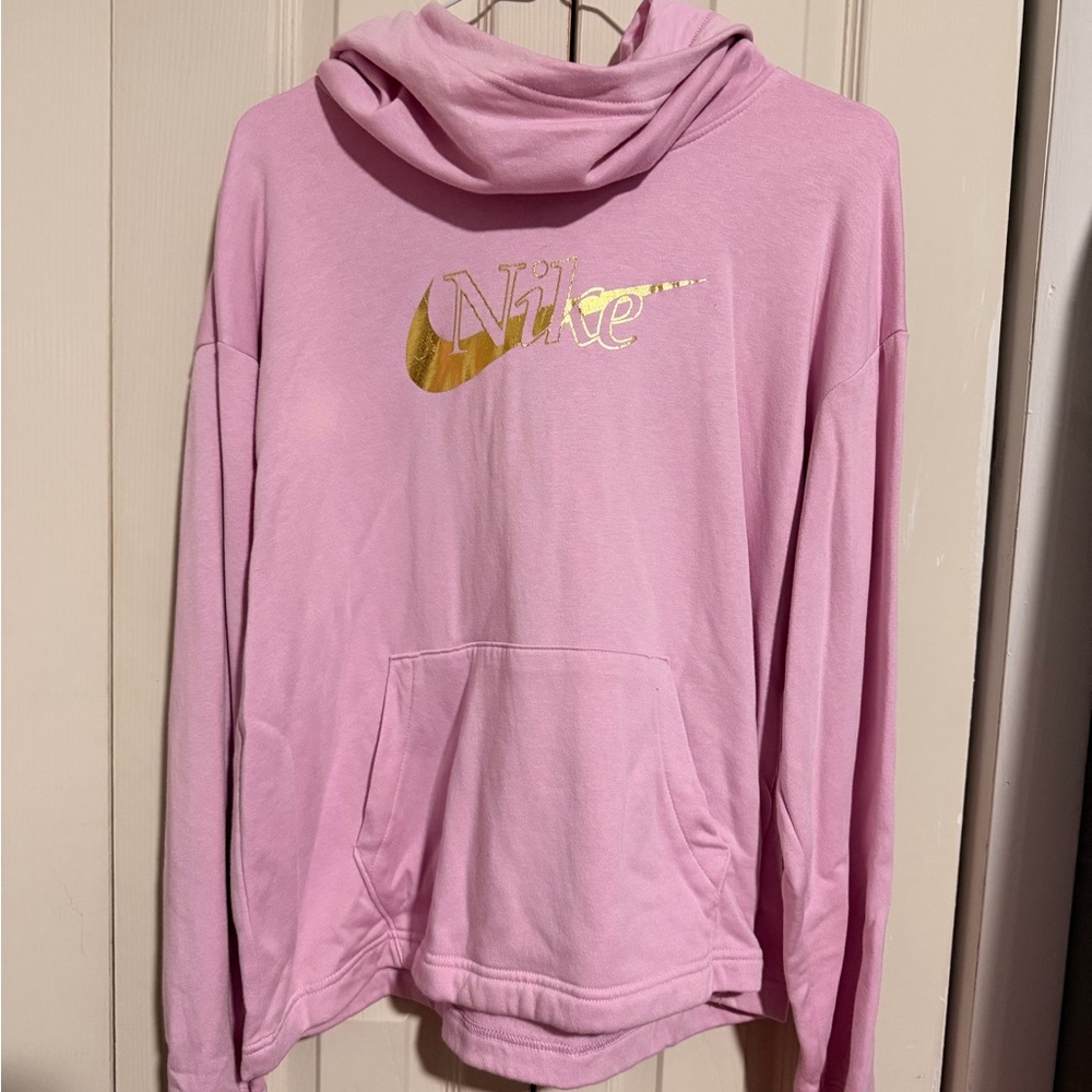 Nike Women's Soft Pink Hoodie with Gold Logo